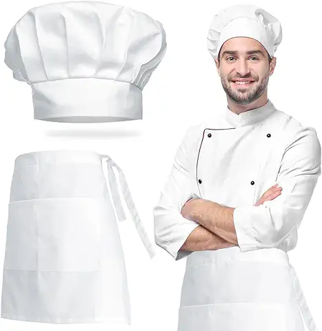 1 Gorro de Cocinero + 1 Delantal de Cintura Unisex, Gorro de Chef Ajustable de Poliéster-Algodón y Delantal de Cintura Blanco con dos Bolsillos, Adecuados para Casa, Restaurantes y Artesanales  