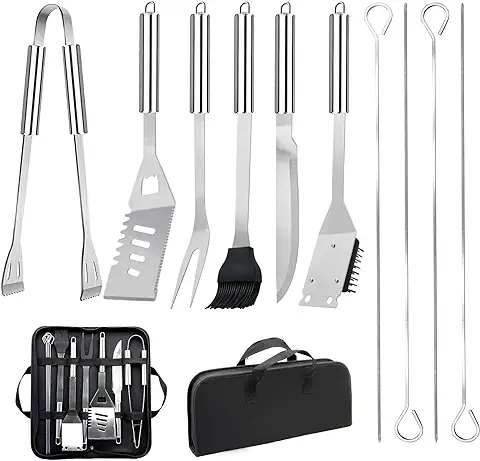 11Pcs Juego de Utensilios Barbacoa de Acero Inoxidable Profesionales Accesorios Barbacoas - Kit Barbacoa Prácticas con Bolsa Portatil - Herramientas Parrilla Barbacoa para Camping Picnic Exterior  