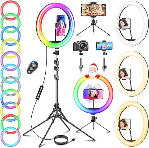 12'' Aro De Luz con Tripode Alto Total 1,77m/70'', GerTong Ring Light con 40 RGB Mode 13 Brillo para Móvil TIK Tok/Youtube/Maquillaje, Anillo de Luz LED con Control Remoto para Selfie/Fotografía  