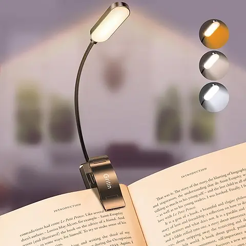 16 LED Luz de Libro, Gritin Lampara Libro de Lectura con 3 Modos de Protección para Los Ojos (Blanco/Ámbar/Mixto) - Atenuación Continua, Recargable, Batería de Larga Duración, Luz de Lectura con Clip  
