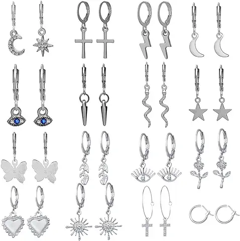 16 Pares Pendientes de Aro, Conjunto de Aretes, Pendientes Cruz Plata, Aros Plata con Colgante Cruz, Pendientes, Conjunto de Cadena de Oreja, Usado Para Amantes, Novias, Esposas, Novias, Hijas, Amigas  