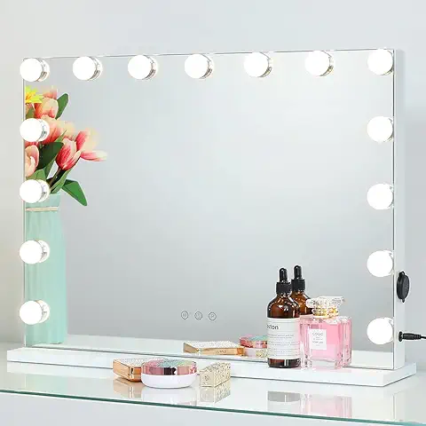 2-FNS Hollywood - Espejo de Maquillaje con 15 Luces LED, Pantalla Táctil Iluminada con Iluminación, 3 Modificaciones de Color, Brillo Ajustable, con USB, mesa o Soporte de Pared  