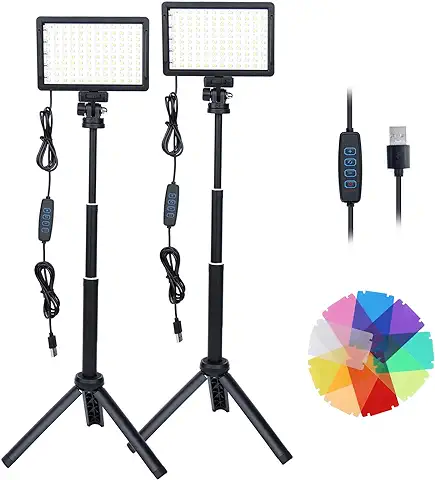 2 Packs Luces LED, Foco Regulables de 10000 K, Fotografia con Trípode Ajustable y Filtro de 9 Colores, para Tomas de Mesa, Grabación de Video, Youtube, TikTok  