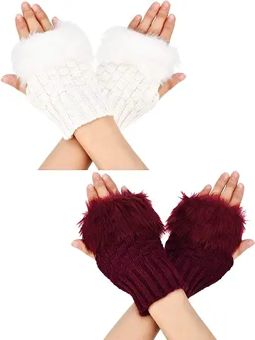 2 Pares de Guantes sin Dedos de Invierno Guantes Cortos de Pantalla Táctil Guantes con Agujero de Pulgar Guantes de Puntos con Piel Sintética para Navidad San Valentín (Rojo Vino y Blanco)  