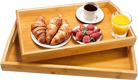 2 Piezas Bandeja Madera con Asas, Bandejas de Bambú para Servir Comida, Bandeja Rectangular, para Desayuno, Bebidas, Aperitivos, Mesa de Café, Comedor y Decoración (35 x 22 x 5 cm / 40 x 29 x 5 cm)  