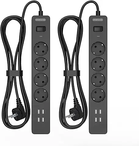 [2 Piezas] Regletas Enchufes, NTONPOWER Regleta Cable de Extensión de 3M, Proteccion Contra Sobretension, Alargador Enchufe de 4 Tomas y 4 Puertos USB, Enchufes EU, Color Negro  