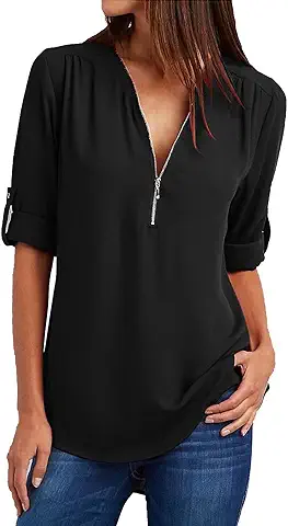 2023 Blusa Camisa Mujer Elegante Color Sólido Manga Larga Moda Zip Blusas Camisa de Oficina Negocio Cuello en v Basic Camiseta Tops Casual Fiesta T-Shirt Original tee Talla Grande  