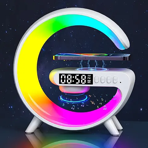 2023 Nueva Lámpara Luz Nocturna con Cargador Inalámbrico, Altavoz Bluetooth Forma de G - Reloj Despertador Estado de ánimo a Través de Conexión USB-C, Lámpara de Mesa LED Regulable (Blanco)  