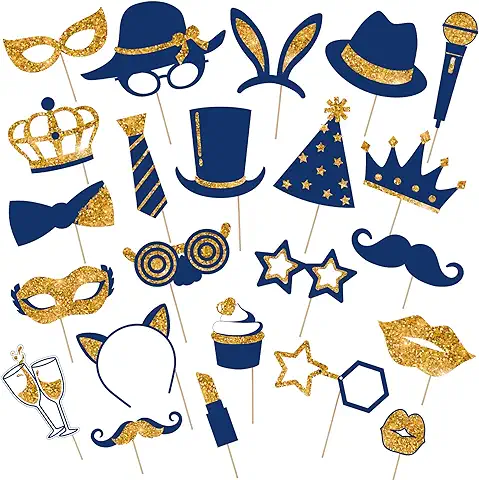 24 Piezas Foto Props de Fiesta Mixta de Sombreros, Copa de Vino, Pintalabios, Corbata, Coronas para Suministros de Fiesta de Graduación de Año Nuevo Boda Cumpleaños (Dorado y Azul Marino)  