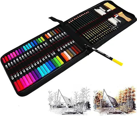 24 Rotuladores Doble Punta Fina Acuarelables y 21Pcs Profesional Dibujo de Arte y Lápiz Dibujo Conjunto de Lápiz de Carbón, Permanentes de Colores, Incluye Grande Caja Lápiz  