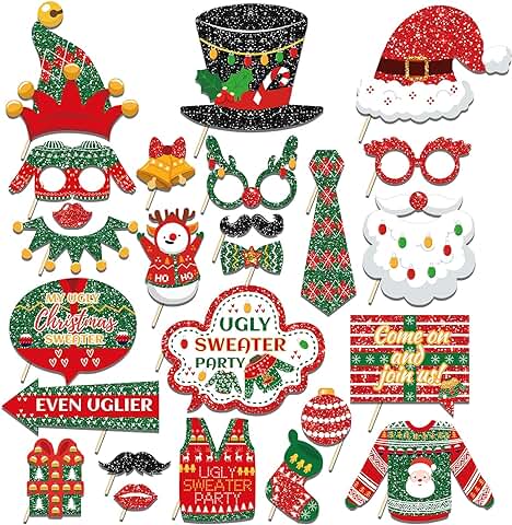 25 PCS Navidad Photo Booth Requisiten, Divertido Suéter Feo Navidad Fiesta Props Photo Booth, Navidad Navidad Navidad Santa Sombrero DIY Fotografía Selfie Accesorios Set para Navidad  