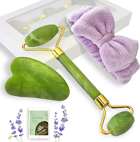 3 en 1 - Masajeador Facial Rodillo Jade Autentico - Masajeador Facial Piedra Gua Sha - Masajeador Facial Skincare - Regalo Original Mujer Guasha Rodillo de Jade Facial Masaje - Incluye Diadema y Ebook  