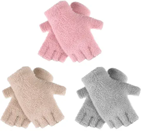 3 Pares Guantes de Punto sin Dedo Unisex Guante de Microfibra con Medio Dedo Manoplas Gruesas Cálidas  