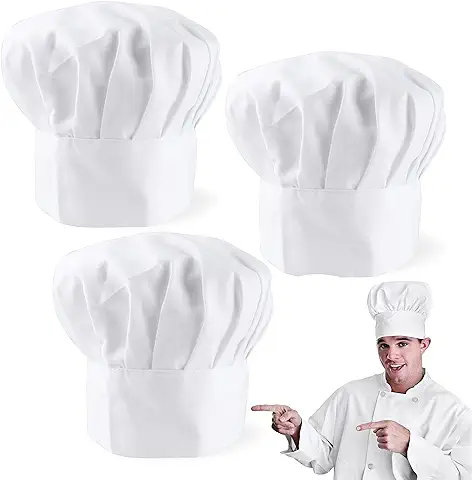 3 Piezas Gorro Chef Hombre Mujer, Gorro de Cocinero Blanco Ajustable, Gorros de Cocinero Profesional para el Pastelero y el Panadero de la Tienda el Cocinero del Hotel Restaurante  