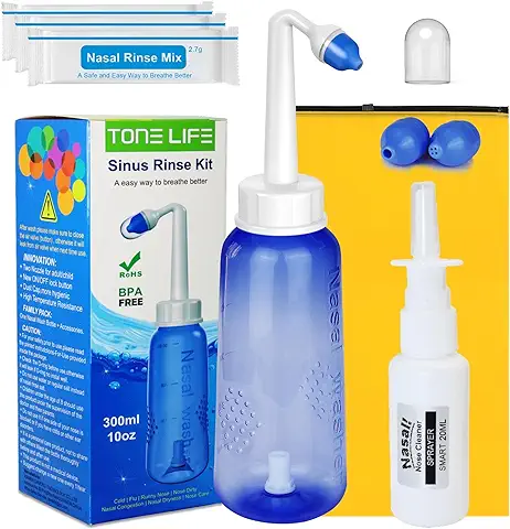 3 x Mezcla de Enjuague Nasal + Neti Pot | Botella de Lavado de Nariz de 300 ml + Pulverizador Nasal con Bolsa de Almacenamiento Impermeable  