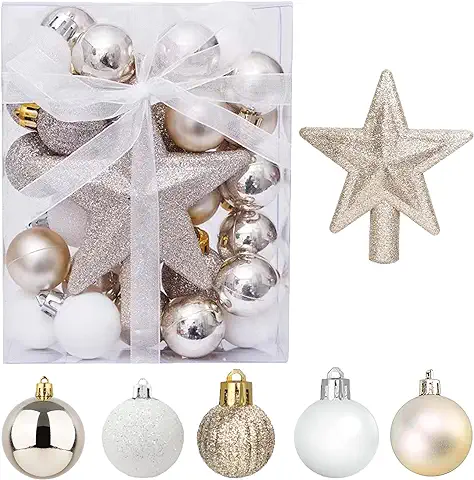 30 Piezas Mini Adornos Navideños con Colgador, Adornos Navideños Pequeños de 3 CM Adornos Dorados y Blancos Mini Árbol de Navidad Juego de Decoraciones para el Árbol de Navidad de Mesa  