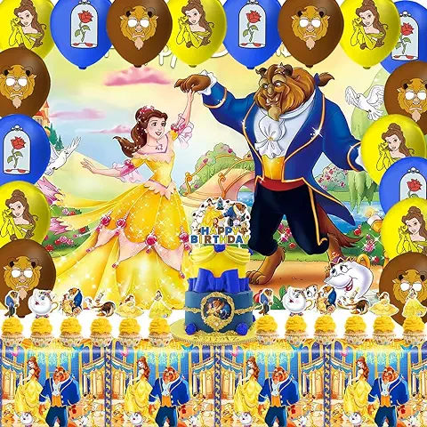 33 PCS Bella y Bestia Cumpleaños Globo, Cumpleaños Fiestas Decoraciones, Beauty and Beast Fiestas Decoraciones Temático Suministros Set Globo Fondo Manteles para Niños Accesorios de Fotográfico  