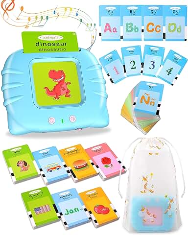 385 Juguetes Educativos Bilingües Español Inglés, Tarjetas Parlantes para Niños Pequeños 2-6, Recurso Preescolar Juguete Interactivo Electrónico, Juguetes Educativas Audibles Azul  