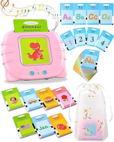 385 Juguetes Educativos Bilingües Español Inglés, Tarjetas Parlantes para Niños Pequeños 2-6, Recurso Preescolar Juguete Interactivo Electrónico, Juguetes Educativas Audibles Rosa  