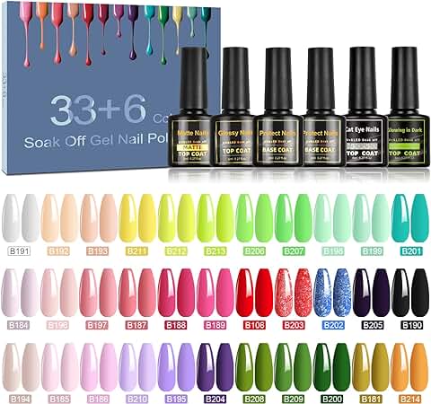 39 Pcs Pintauñas Semipermanentes, 33 Colores Esmalte para Uñas, Gel UV LED con Base, Top y Mate, Cat Eye, Glowing Coat, Colores Populares Navidad de Año Nuevo  