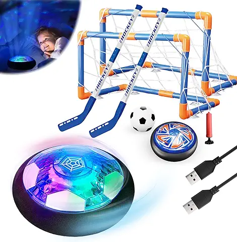 3in1 Flotante Fútbol Hockey Pelotas Juego de Juguetes para Niños Luz de LED Estrella Noche USB Recargable Aire Flotar Interior Juegos Deportivos al Libre 2 Goles EVA Bumper Regalo para 6-16 Niñas  