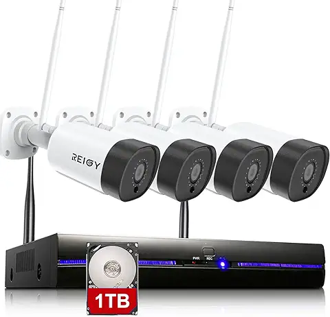 3MP Kit Camara de Vigilancia WiFi Exterior con Audio Bidireccional, REIGY 1296P Sistema de Seguridad IP Interior, 4X3MP Camara IP y 8CH NVR, Visión Nocturna Detección Movimiento 1TB HDD  