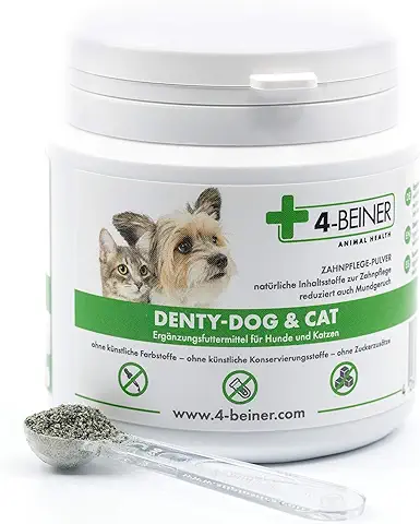 4-BEINER DENTY-Dog & Cat: Polvo para el Cuidado Dental de Perros y Gatos. Ayuda a Reducir el Sarro, la Placa Dental y el Mal Aliento, 90 g de Polvo  