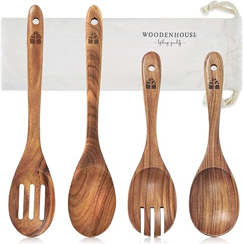 4 Cucharas de Madera para Cocinar - Diferentes Tamaños y Usos. Juego de Utensilios de Cocina 100% Madera de Teca. Menaje de Cocina para Sartenes Antiadherentes - Accesorios de Cocina Eco & Sin Tóxicos  