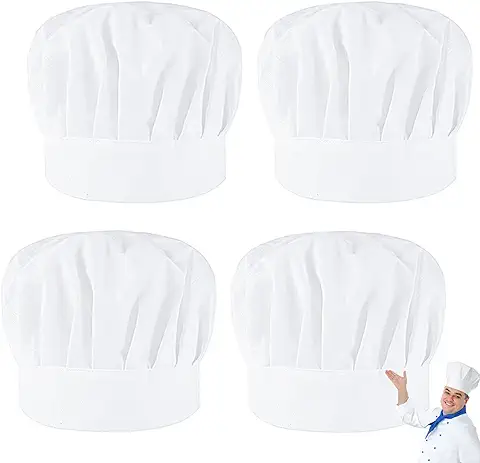 4 Piezas Gorro de Chef para Hombre Mujer Blanco, Gorros de Cocinero Hombre Mujer Elástico Ajustablegorro Cocinero para Adulto Adecuado para Cocina Panadería Restaurante Hotel  