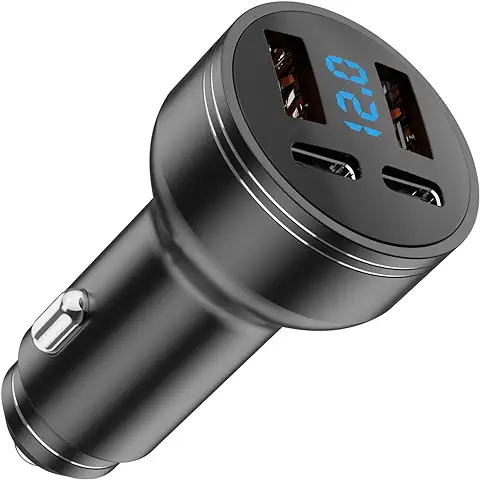 4-Puertos Cargador de Coche, 126W Cargador Mechero USB Carga Rapida de Puertos de Carga 2*PD+2*QC3.0 USB, Cargador de Coche USB C con Voltímetro LED, Carga Rápida para iOS, Android, Tabletas  