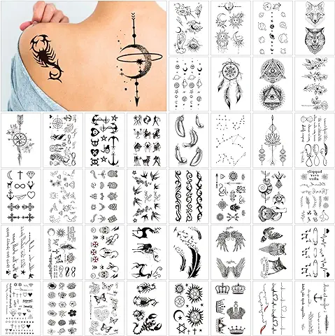 40 Hojas Tatuajes Temporales, Negro Tatuajes Falsos, Tatuajes Temporales Adultos Impermeables, Tattoo Temporal para Niños Adultos Hombres y Mujeres  