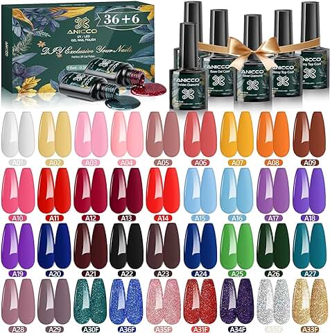 42 Pcs Esmalte Semipermanente Gel UV LED, 36 Colores de Pintauñas con 2 Base, Top Coat Brillante y Mate, 2 Capas Superiores de Diamante, Kit de Esmalte de Uñas Navidad  