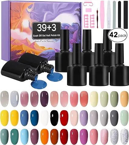 42 Pcs Esmaltes Semipermanentes de Uñas en Gel, Birshe UV LED - Manicura con Remojo con Base - Pintauñas Top Coat Brillante y Mate  