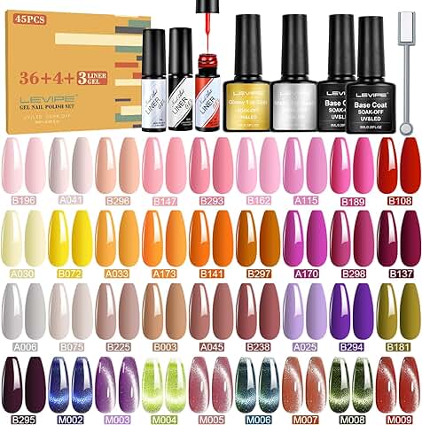 44Pcs Pintauñas Semipermanentes, 36 Colores Esmalte Semipermanente + 2 Base + 1 Top Coat Brillante + 1 Mate + 3 Negro, Rojo, Blanco Gel de Arte Lineal + 1 Tira Magnética de Ojo de Gato, 8ml  