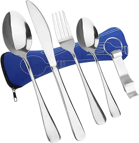 5 en 1 Juego de Cubiertos Camping Llevar Set Acero Inoxidable Tenedor Cuchara Cuchillo Abrebotella con Bolsa Portatiles para Acampar,Picnic,Trabajo,Exterior,Excursionismo,Festivales y Viajes  