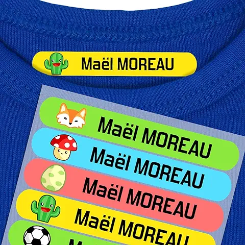 50 Etiquetas Termoadhesivas Personalizadas para Marcar la ropa de los Niños. Pegatinas para Planchar, Resistentes a Lavadora y Secadora. Tamaño 6 x 1 cm. (Original)  