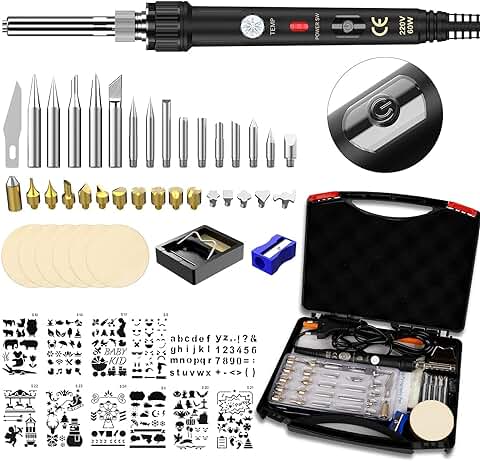 52pcs Kit Pirograbador de Madera,Ockered Kit Pirograbdores Electrico 60W Temperatura Regulable Entre 200° C y 480° C, Soldador Pirografo Profesional para Madera, Cuero, Grabado  