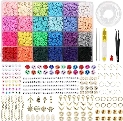 6100 PCS Kit de Cuenta Coloridas Abalorios Hacer Pulseras Collar, Kit para Hacer Pulseras Bricolaje, Cuentas de Arcilla de Joyas DIY Manualidad Fabricación de Joyas, Polimérica Cuentas Plana  