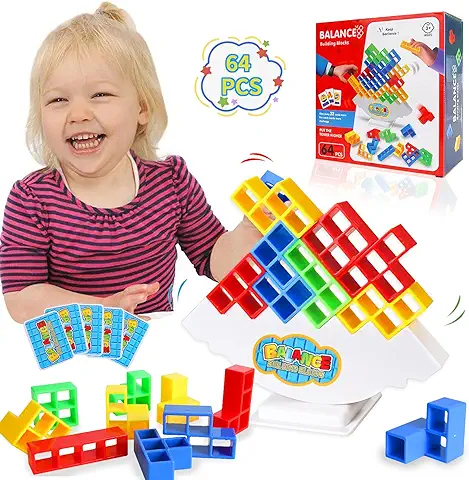 64 PCS Tetra Tower Tetris Balance Blocks, Stack Attack Team Game Adultos Juego de Mesa Apilamiento Equilibrio Construcción Creativo Educativos Juguetes de Montessori Regalo para Niños Niñas 3+ Años  