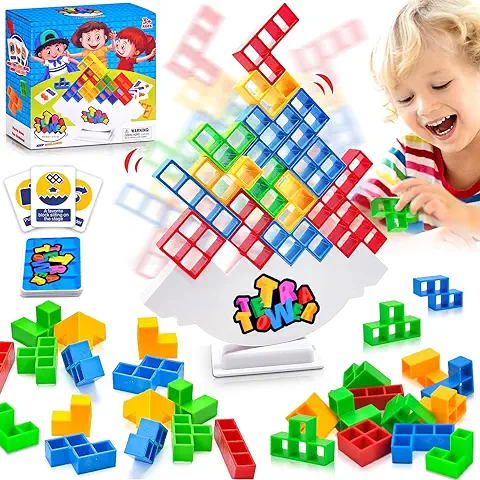 64 Piezas Tetra Tower Tetris Balance Blocks, Stack Attack Team Game Adultos Juego de Mesa Apilamiento Equilibrio Construcción Creativo Educativos Juguetes de Montessori Regalo para Niños Niñas 3+ Años  