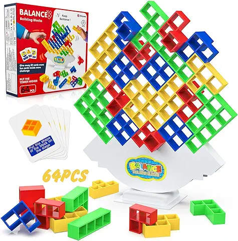 64 Piezas Tetris Tower Balance Blocks, Stack Attack Team Game Adultos Juego de Mesa Apilamiento Equilibrio Construcción Creativo Educativos Juguetes de Montessori Regalo para Niños Niñas 3+ Años  