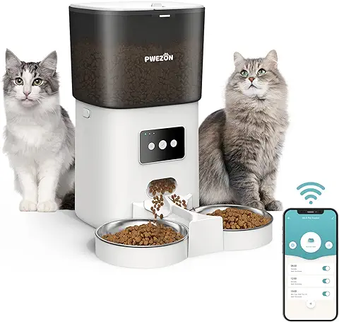6L Comederos Automáticos para Gatos y Perros con Dos Tazones, PWEZON Inteligente WiFi Dispensador de Alimentación Automático para Dos Mascotas, Temporizador, Control de Porciones, Grabadora de Voz  