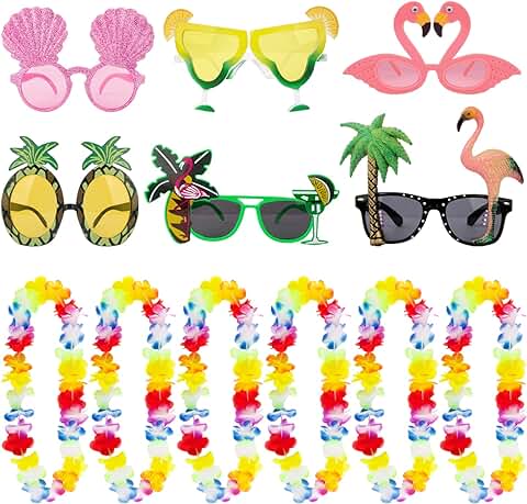 6pcs Collares Hawaianos 6 Pares Gafas Decorativas Fiesta Hawaiana Guirnalda de Flores Colores Gafas Divertidas Decoración Accesorios Fiesta Cumpleaños Fiesta de Verano Tropical Playa Fiesta Disfraces  