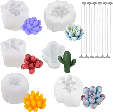 6Pcs Molde de Silicona para Velas, Moldes Velas en Forma de Suculento, Moldes para Velas Resina 3D con Mechas Moldes para Hacer Velas a mano para Hacer Velas, JabóN Hecho A Mano, Velas Perfumadas  