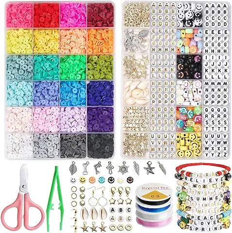 7048 Piezas Abalorios para Hacer Pulseras Kit,24 Colores 6mm Cuentas Arcilla Polimérica, Planas con Smiley Letras Conchas Cuentas y Colgantes para DIY Manualidad  