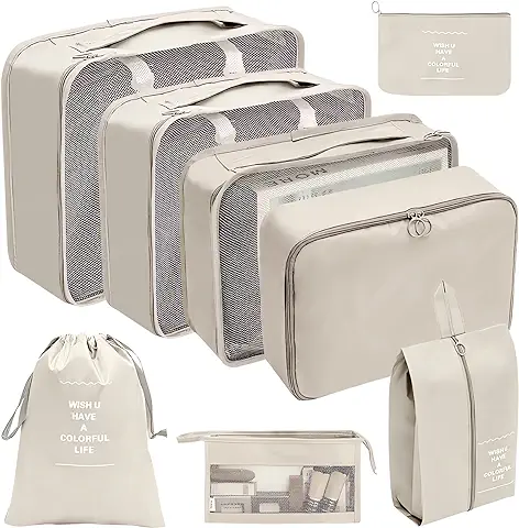 8 Piezas Set Organizador de Maletas, Comius Sharp Bolsas de Ropa, Cubos de Embalaje, Set de Bolsas de Viaje para Vacaciones y Viajes, Organizador de Maletas Cubos de Viaje (beige)  