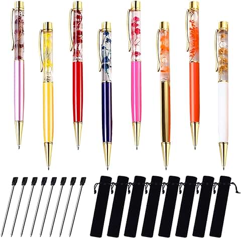 8pcs Flower Ballpoint Pens con 8 Bolsas de Lápiz y 8 Bolsas de Terciopelo, Bolígrafos de Flower de Metal, Tinta Negra de 0,7 mm Pluma de bola de Flores de Líquido Dinámico para Escritorio de Oficina  