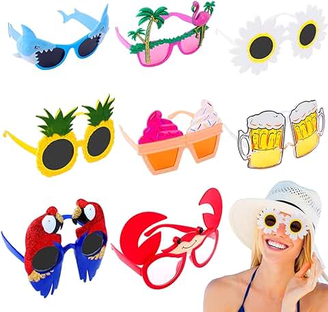 8Pcs Hawaianas Gafas de Fiesta, Gafas Divertidas para Fiestas, Gafas de Sol de Fiesta, Gafas Divertidas para Fiestas Playa para Carnaval Mascarada Temática Halloween Disfraces Cumpleaños Accesorios  