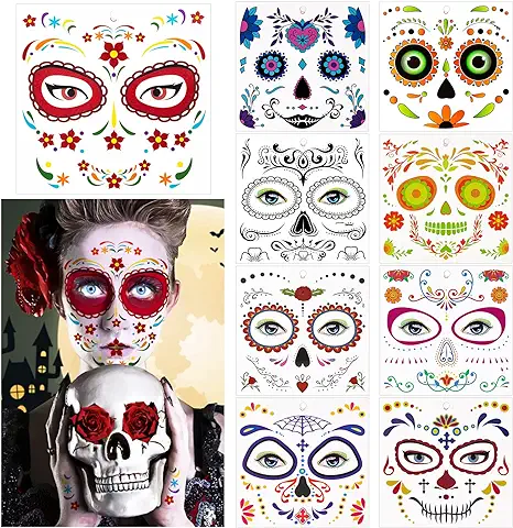 9 Hojas Halloween Tatuaje Cara Temporales, La Seguridad Tatuajes de Cara de Halloween, Pegatinas de Tatuaje Facial del Día de Los Muertos para Fiestas de Disfraces, Carnaval, Cosplay  