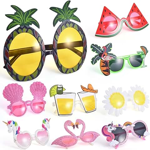 9 Pares Gafas Fiesta, Gafas de Sol Divertidas, Gafas de Fiesta Hawaii Divertidas, Gafas Hippie, Fiestas de Verano Piscina, Fiesta Playa, Atrezzo Photocall para Niños Adultos  